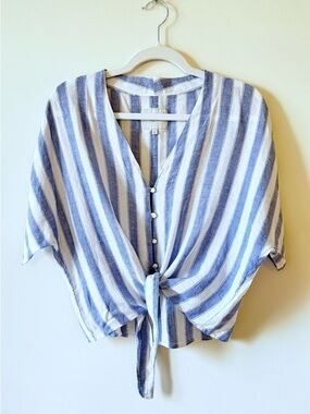 Rails Thea Linen Tie Front Top Blue Stripe | Size S | Lightweight Summer Blouse